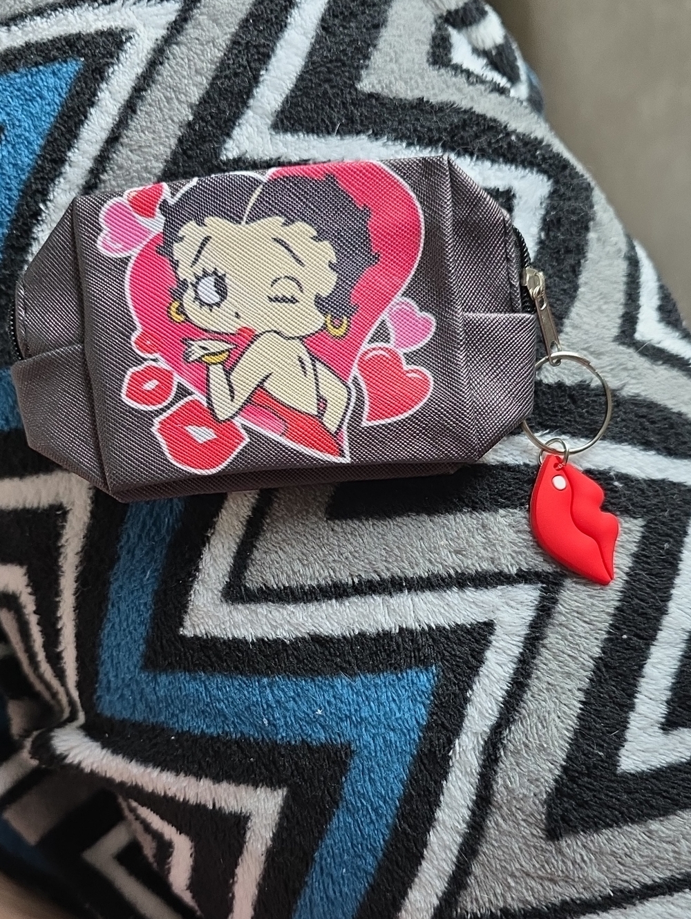 Betty Boop Black Cosmetic Pouch with Pink Heart Graphic and Red Lip Charm